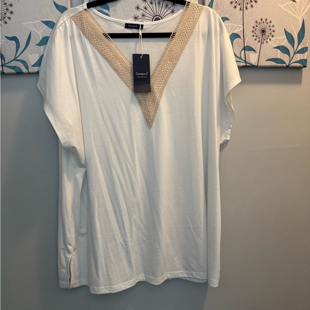 Sampeel Women's Cream V-Neck Top with Gold Trim Brand New plus size 3xl